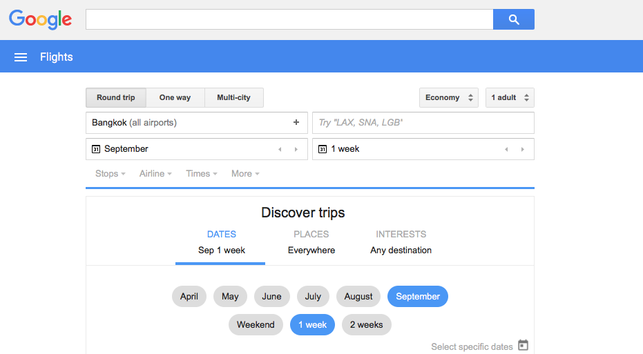 Google Flights search Bangkok to Anywhere